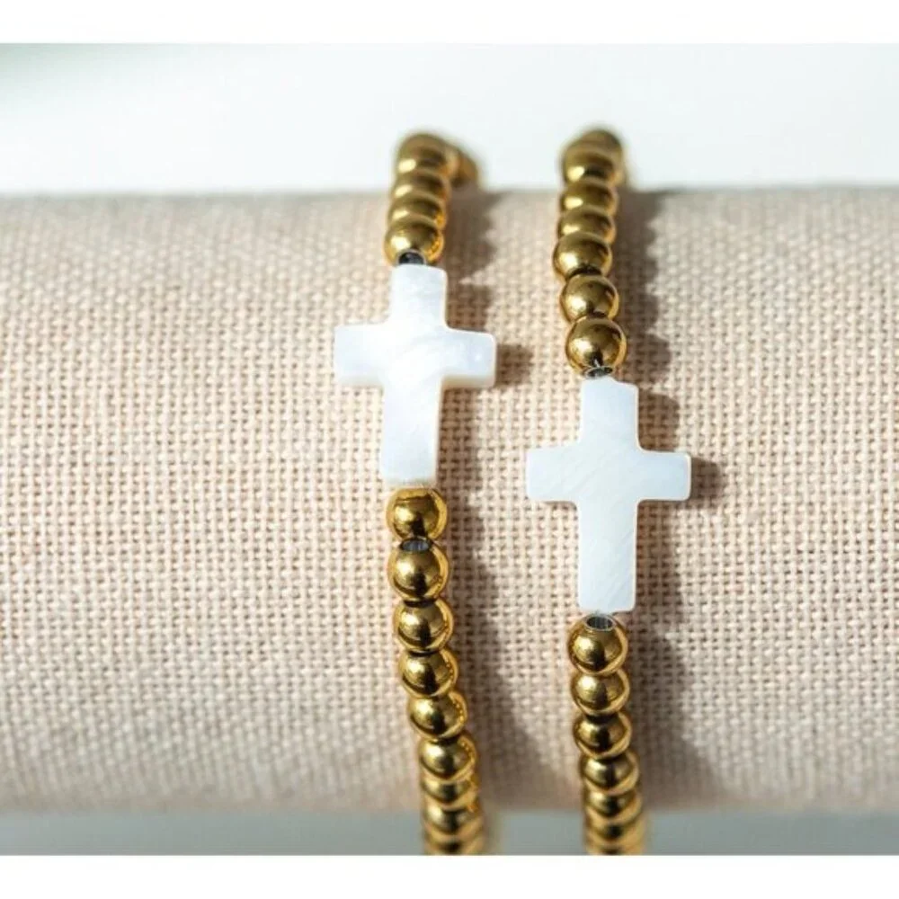 Matching Bracelet set Pearl Cross Non-Tarnish Gold Beaded Mommy & Me Matching